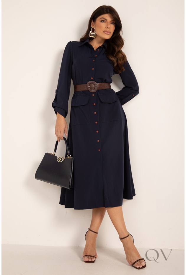 VESTIDO MIDI MANGA LONGA EM CREPE ALFAIATARIA MARINHO - LEKAZIS