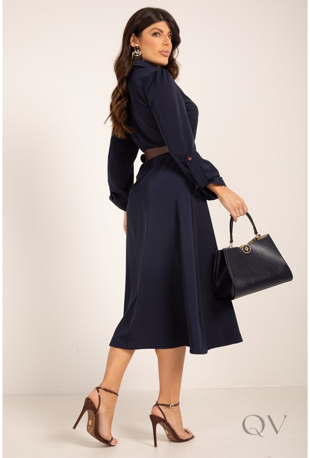 VESTIDO MIDI MANGA LONGA EM CREPE ALFAIATARIA MARINHO - LEKAZIS