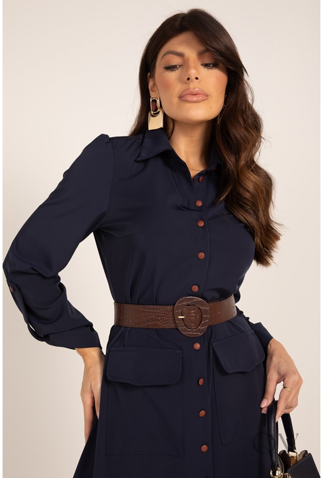 VESTIDO MIDI MANGA LONGA EM CREPE ALFAIATARIA MARINHO - LEKAZIS