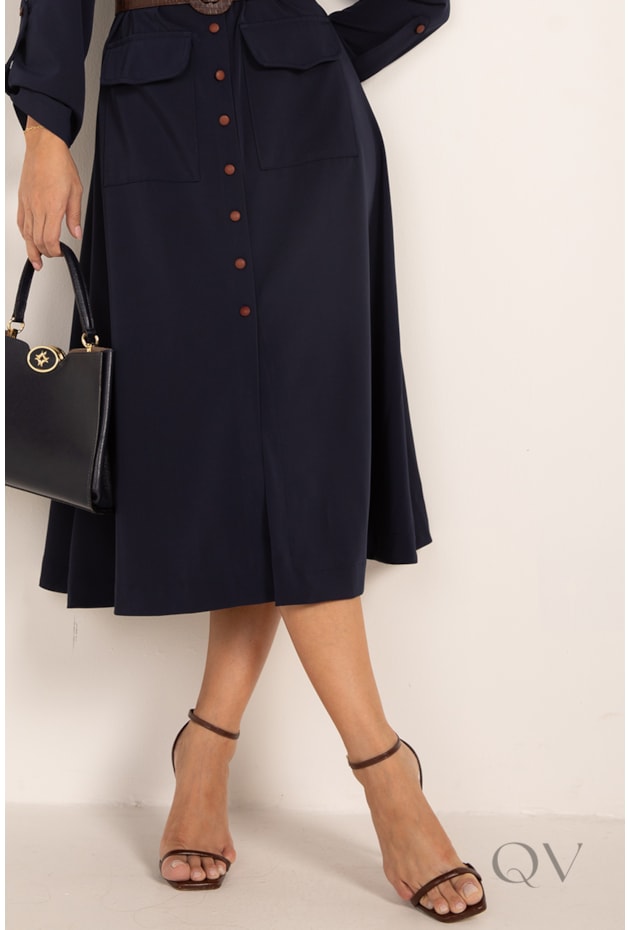 VESTIDO MIDI MANGA LONGA EM CREPE ALFAIATARIA MARINHO - LEKAZIS