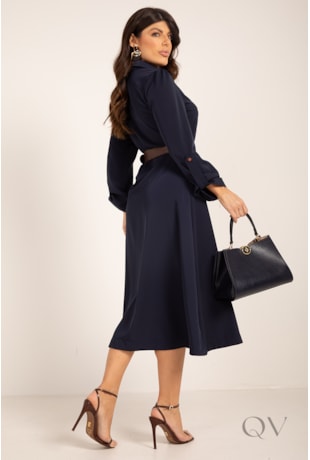 VESTIDO MIDI MANGA LONGA EM CREPE ALFAIATARIA MARINHO - LEKAZIS