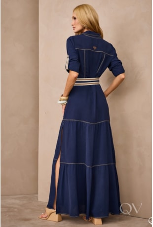 VESTIDO MIDI MANGA LONGA EM POLIÉSTER MARINHO - ARTSY
