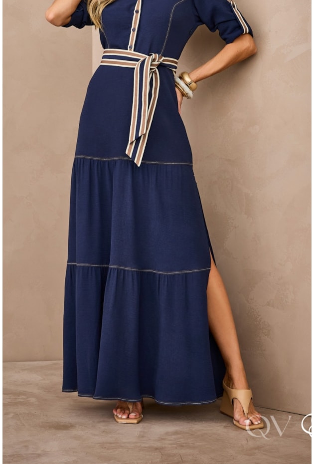 VESTIDO MIDI MANGA LONGA EM POLIÉSTER MARINHO - ARTSY