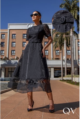 VESTIDO MIDI ORGANZA PRETO - LUZIA FAZZOLLI