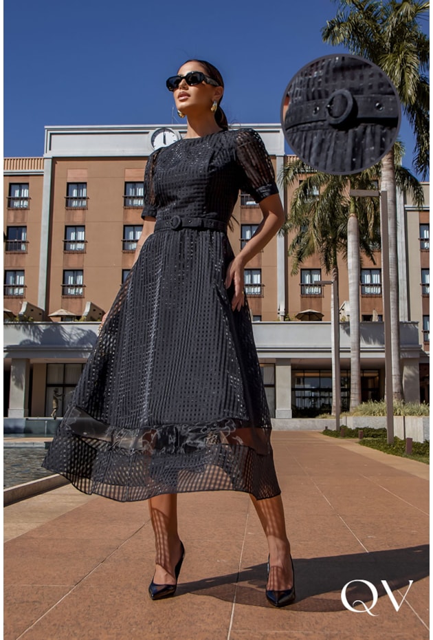 VESTIDO MIDI ORGANZA PRETO - LUZIA FAZZOLLI