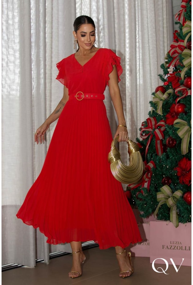 VESTIDO MIDI PLISSADO VERMELHO - LUZIA FAZZOLLI