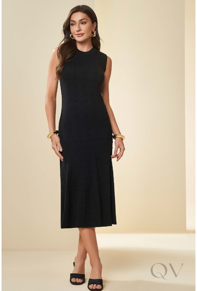 VESTIDO MIDI SEM MANGA EM TRICOT TRABALHADO BLACK - DOCE TRAMA