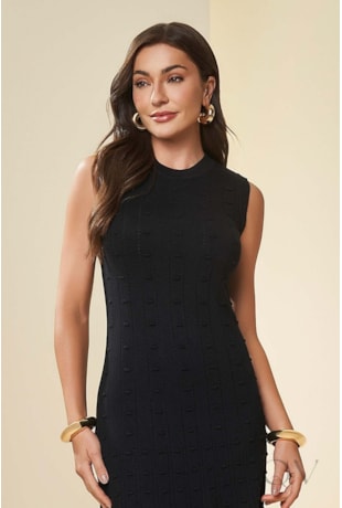 VESTIDO MIDI SEM MANGA EM TRICOT TRABALHADO BLACK - DOCE TRAMA
