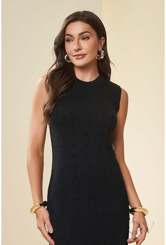 VESTIDO MIDI SEM MANGA EM TRICOT TRABALHADO BLACK - DOCE TRAMA