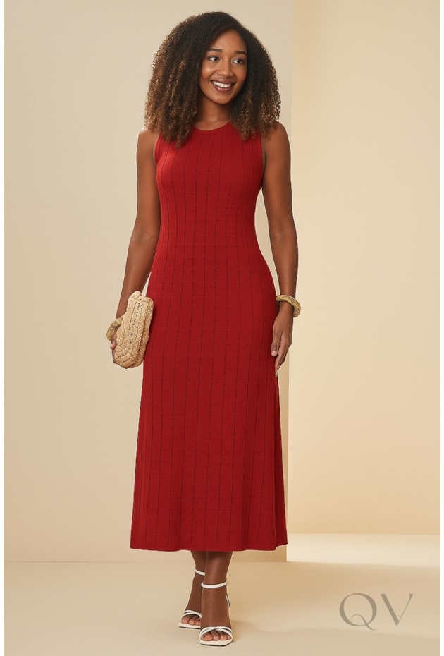 VESTIDO MIDI SEM MANGA EM TRICOT TRABALHADO VERMELHO ROMÃ - DOCE TRAMA