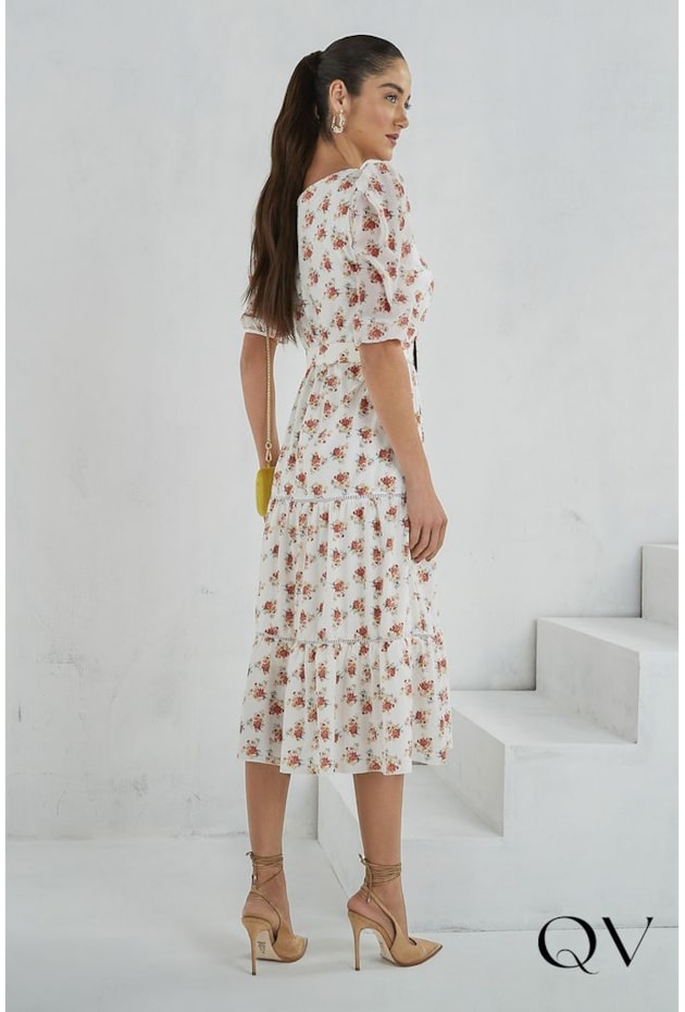 VESTIDO MIDI TOQUE DE SEDA FLORAL OFF WHITE - JANY PIM