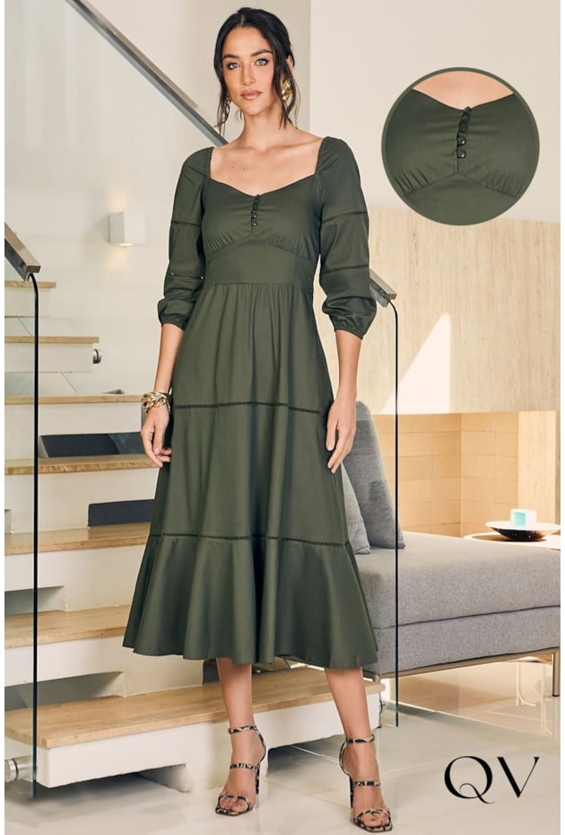 VESTIDO MIDI TRICOLINE VERDE - JANY PIM VESTIDO MIDI TRICOLINE VERDE - JANY PIM