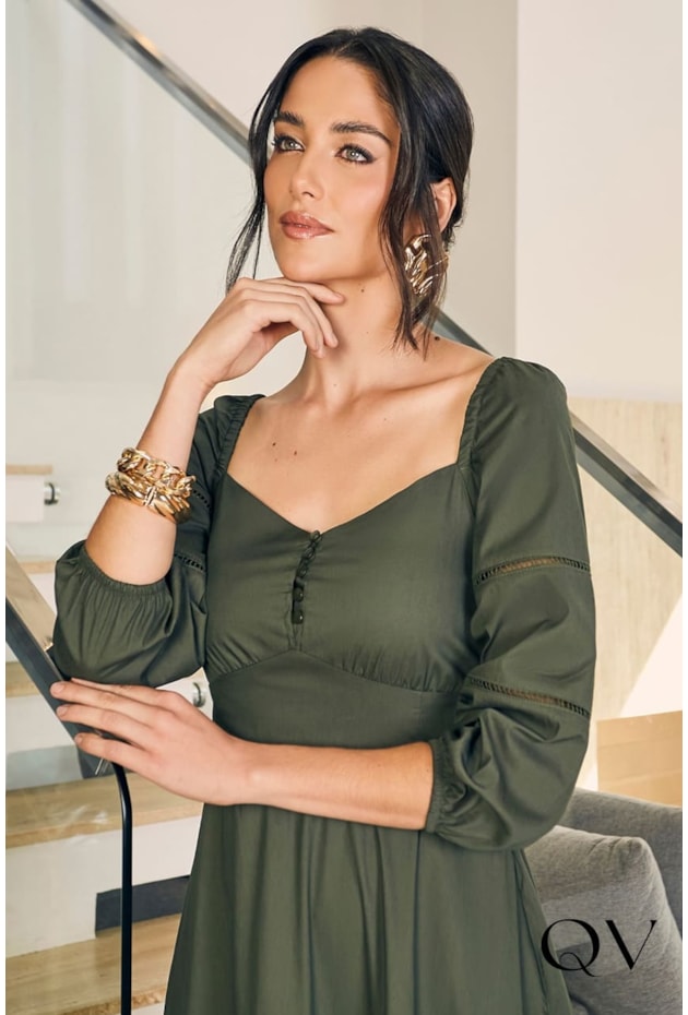 VESTIDO MIDI TRICOLINE VERDE - JANY PIM VESTIDO MIDI TRICOLINE VERDE - JANY PIM