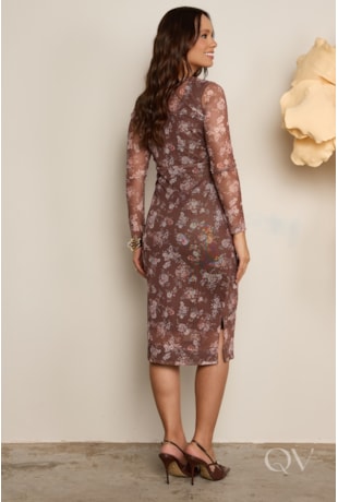 VESTIDO MIDI TUBINHO EM TULE MARROM - JANY PIM