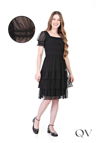 VESTIDO MIDI TULE COM BABADOS PRETO - HAPUK