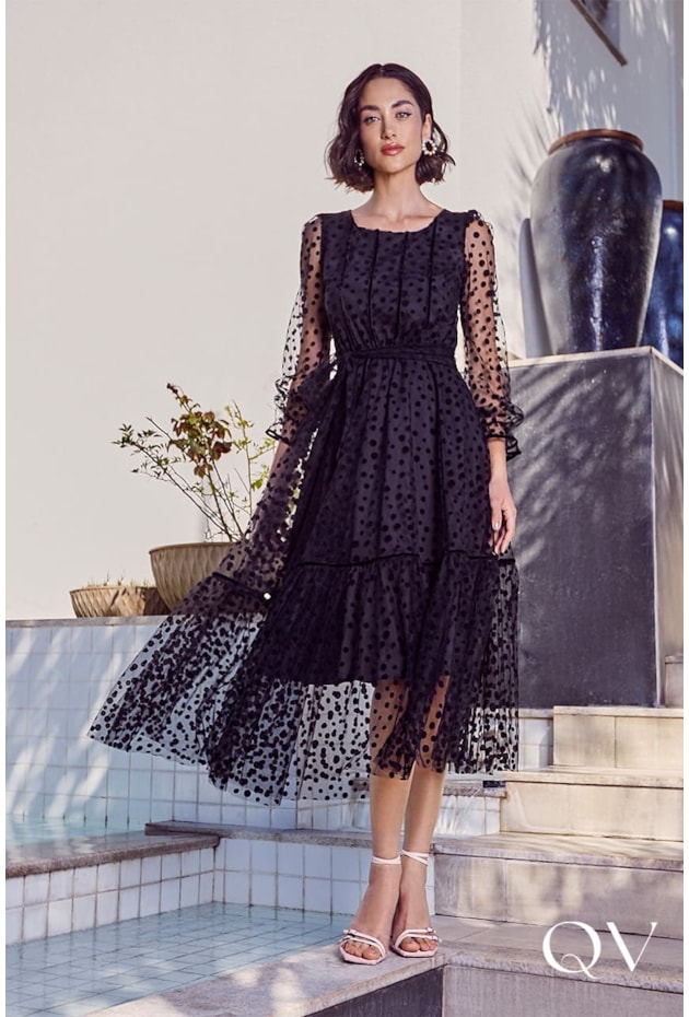 Vestido Midi Tule Poá Preto Jany Pim Moda Evangélica Feminina