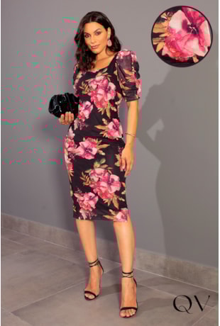 VESTIDO MIDI TULE PRETO FLORAL - JANY PIM