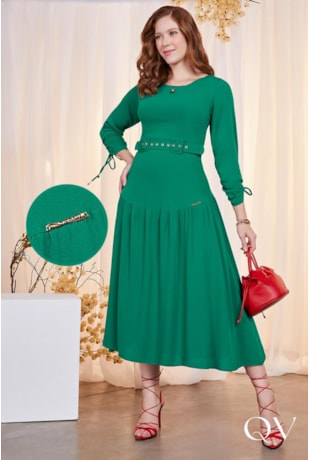 VESTIDO MIDI VISCOSE MANGA LONGA VERDE - FASCÍNIUS