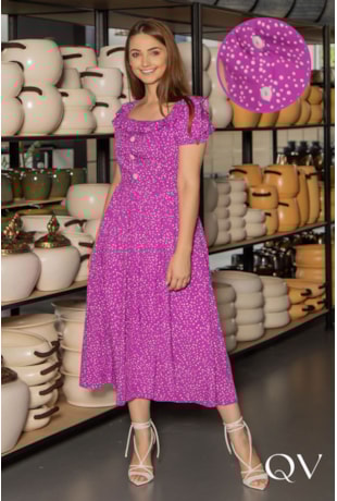 VESTIDO MIDI VISCOSE POÁ ROXO - VALENTINA SIRRAH