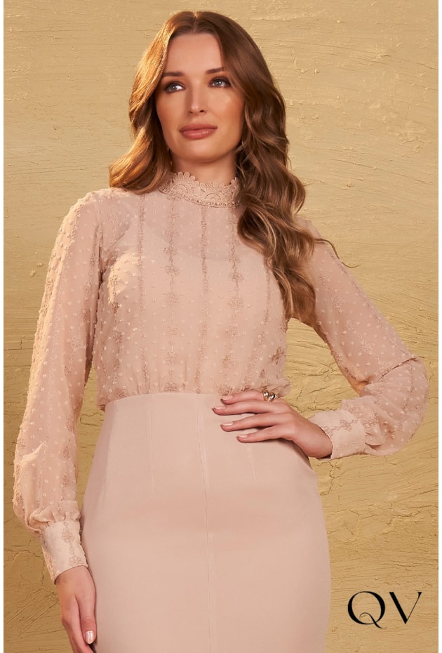 VESTIDO MIX DE TECIDOS BEGE - FASCÍNIUS