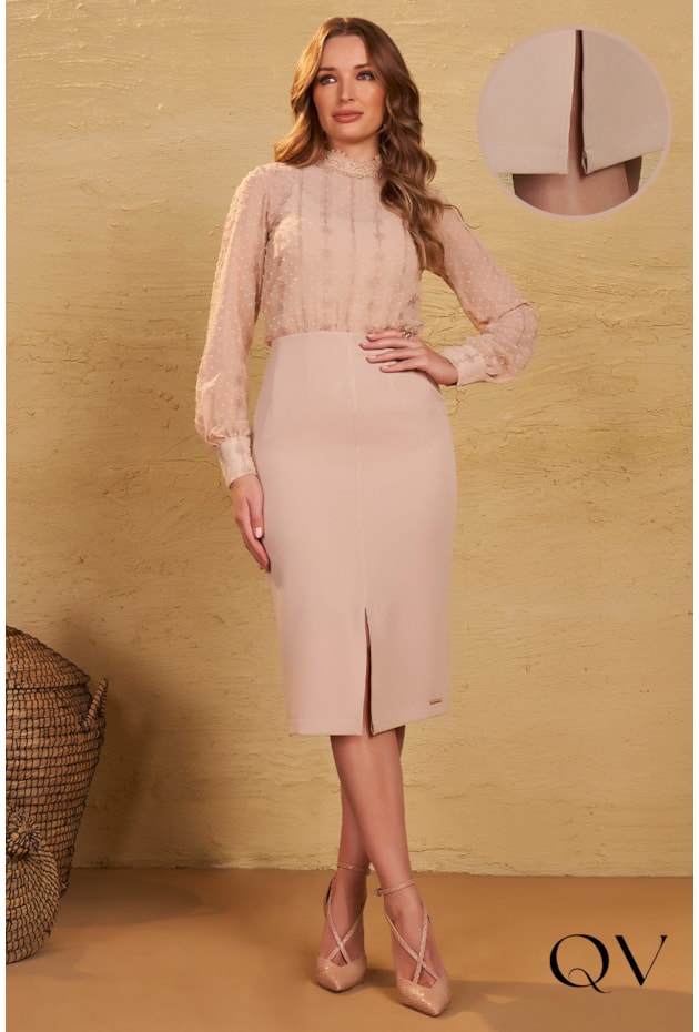 VESTIDO MIX DE TECIDOS BEGE - FASCÍNIUS