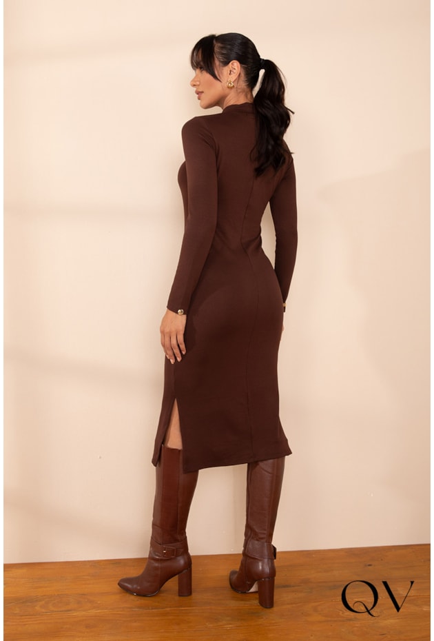 VESTIDO MOLETINHO GOLA ALTA MARROM - LEKAZIS