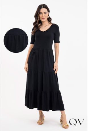 VESTIDO MOLETINHO LONGUETE PRETO - VIA TOLENTINO