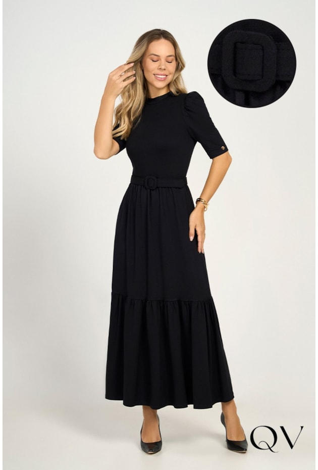 VESTIDO MOLETINHO MAXI MIDI PRETO - VIA TOLENTINO