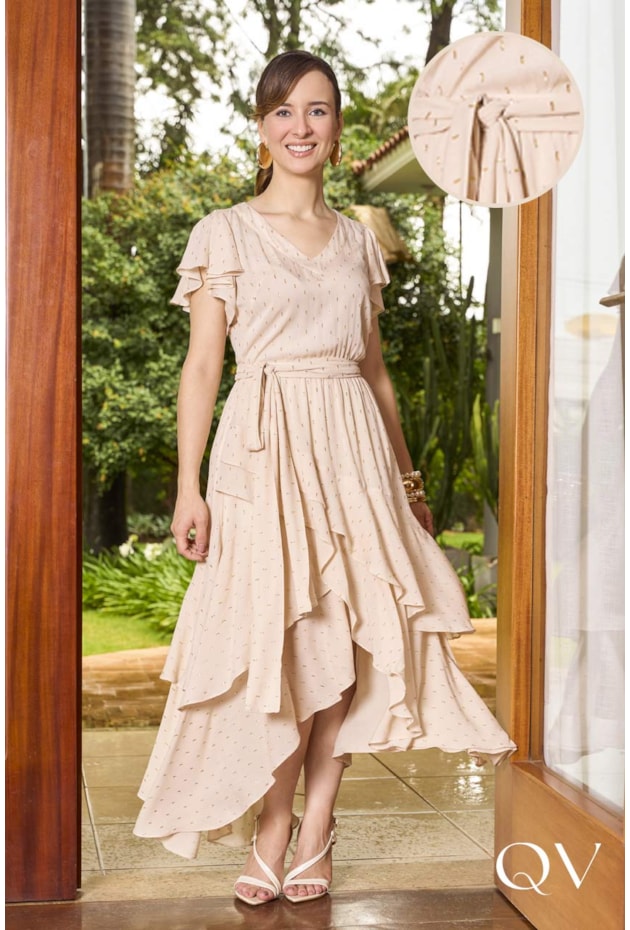 Vestido Mullet Rayon Creme Jany Pim QVestido Moda Evangélica