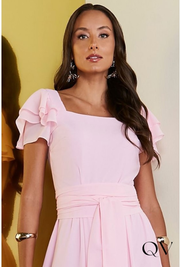 VESTIDO MUSSELINE COM FAIXA ROSA - JANY PIM