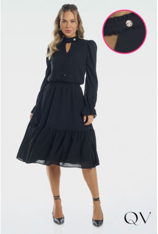 VESTIDO MUSSELINE GOLA ALTA PRETO - VIA TOLENTINO