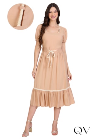 VESTIDO PLANO COM CORDÃO BEGE - HAPUK