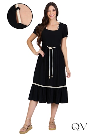 VESTIDO PLANO COM CORDÃO PRETO - HAPUK