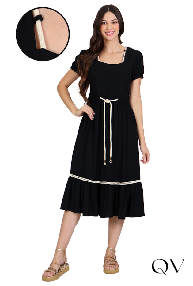 VESTIDO PLANO COM CORDÃO PRETO - HAPUK