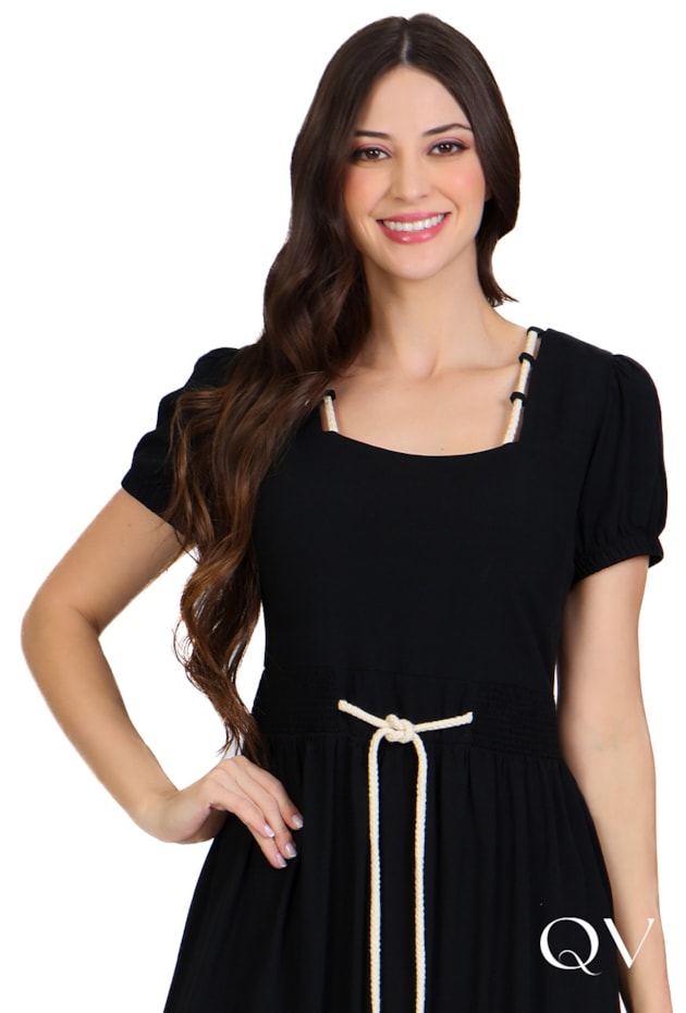 VESTIDO PLANO COM CORDÃO PRETO - HAPUK