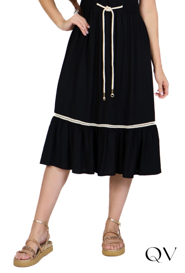 VESTIDO PLANO COM CORDÃO PRETO - HAPUK