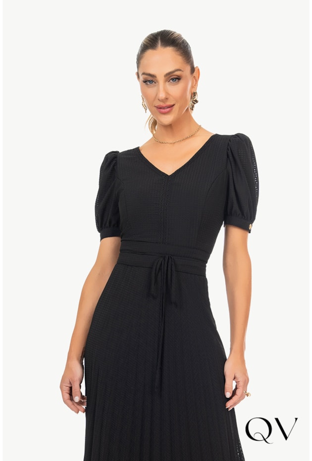 VESTIDO PLISSADO VICHY PRETO - VIA TOLENTINO