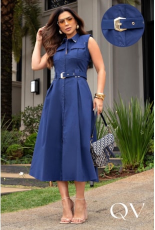 VESTIDO POLO MIDI EM SARJA COM METAIS AZUL MARINHO - LUZIA FAZZOLLI
