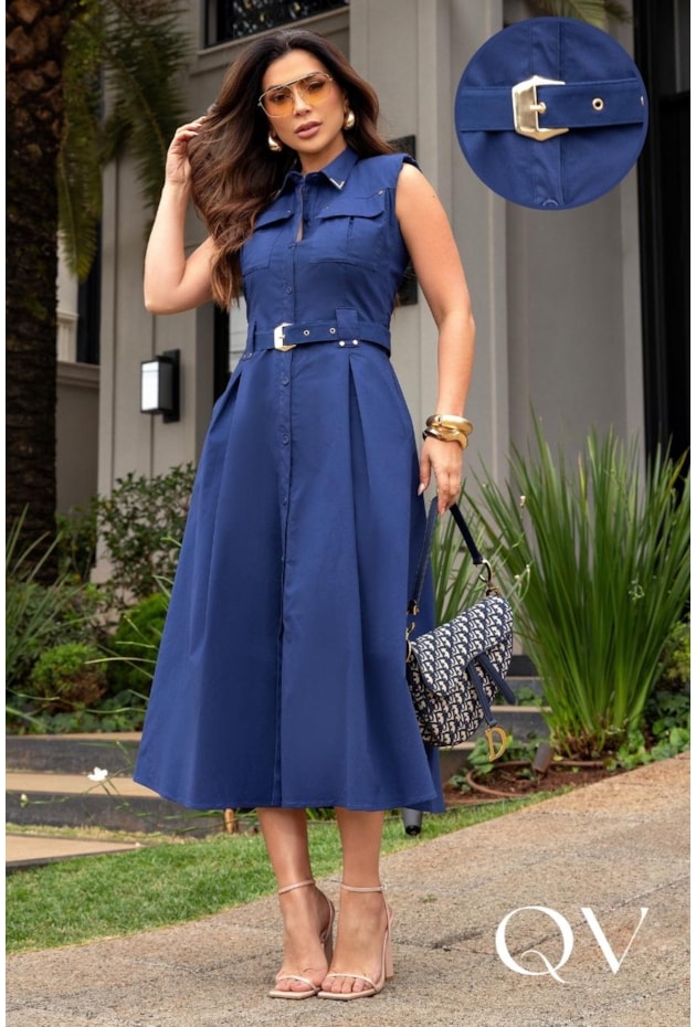 VESTIDO POLO MIDI EM SARJA COM METAIS AZUL MARINHO - LUZIA FAZZOLLI