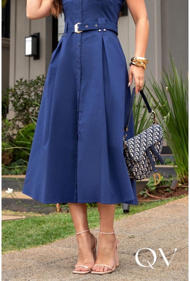 VESTIDO POLO MIDI EM SARJA COM METAIS AZUL MARINHO - LUZIA FAZZOLLI