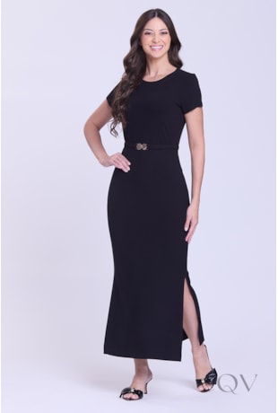 VESTIDO RETA COM FENDA EM MALHA CANELADA PRETO - HAPUK