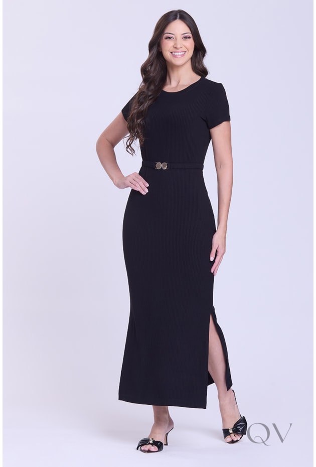 VESTIDO RETA COM FENDA EM MALHA CANELADA PRETO - HAPUK