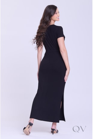 VESTIDO RETA COM FENDA EM MALHA CANELADA PRETO - HAPUK