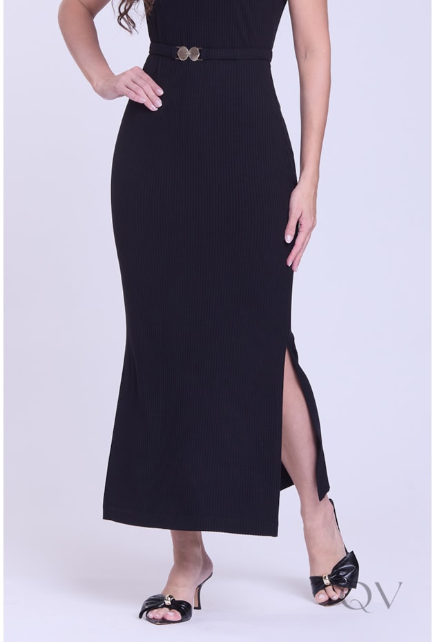 VESTIDO RETA COM FENDA EM MALHA CANELADA PRETO - HAPUK