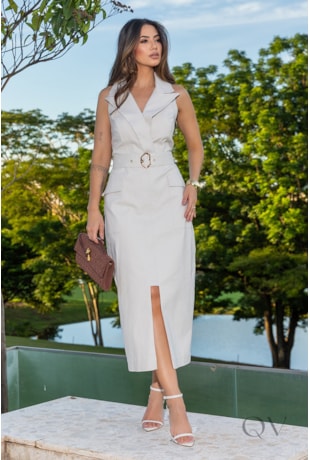 VESTIDO RETO COM FENDA FRONTAL EM SARJA BEGE - LUZIA FAZZOLLI