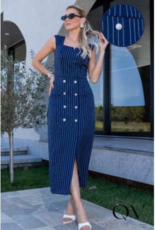 VESTIDO RETO EM ALFAIATARIA RISCA DE GIZ AZUL - LUZIA FAZZOLLI