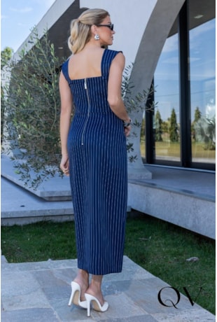 VESTIDO RETO EM ALFAIATARIA RISCA DE GIZ AZUL - LUZIA FAZZOLLI