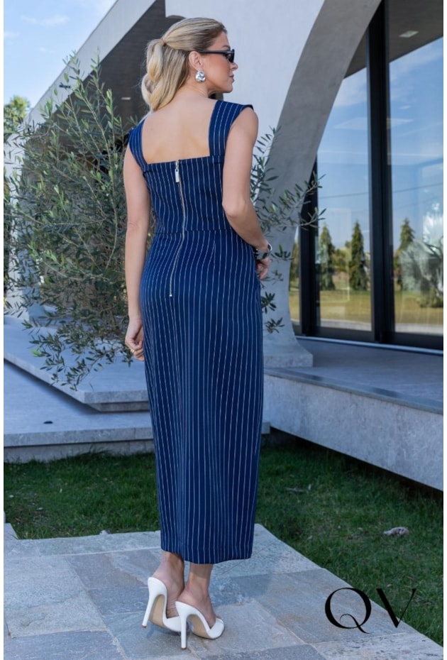 VESTIDO RETO EM ALFAIATARIA RISCA DE GIZ AZUL - LUZIA FAZZOLLI