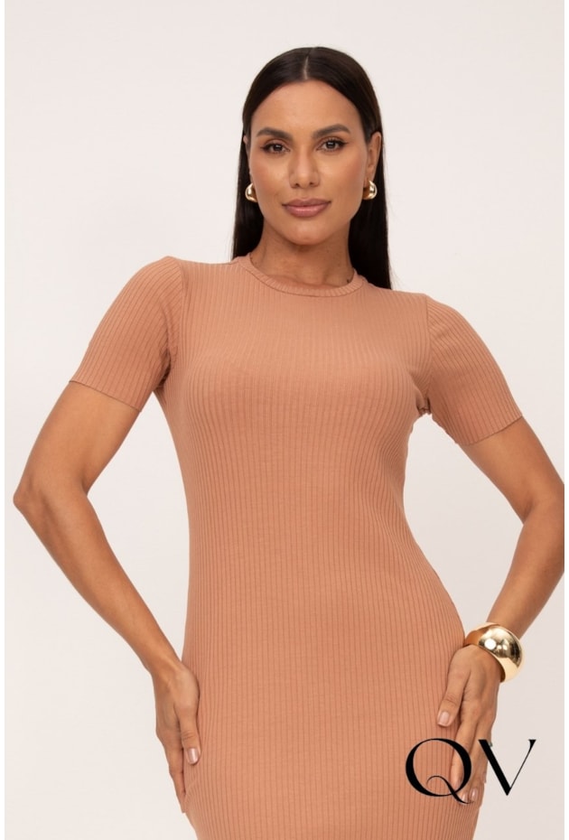 VESTIDO RETO EM MALHA CANELADA MOCHA MOUSE - LEKAZIS