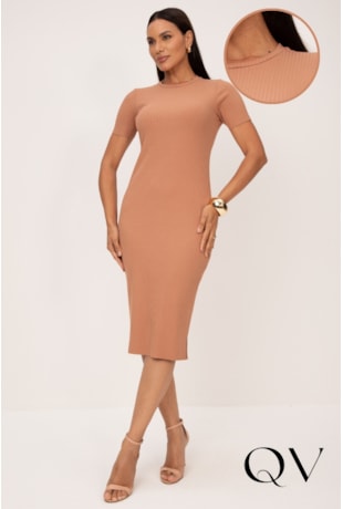 VESTIDO RETO EM MALHA CANELADA MOCHA MOUSE - LEKAZIS